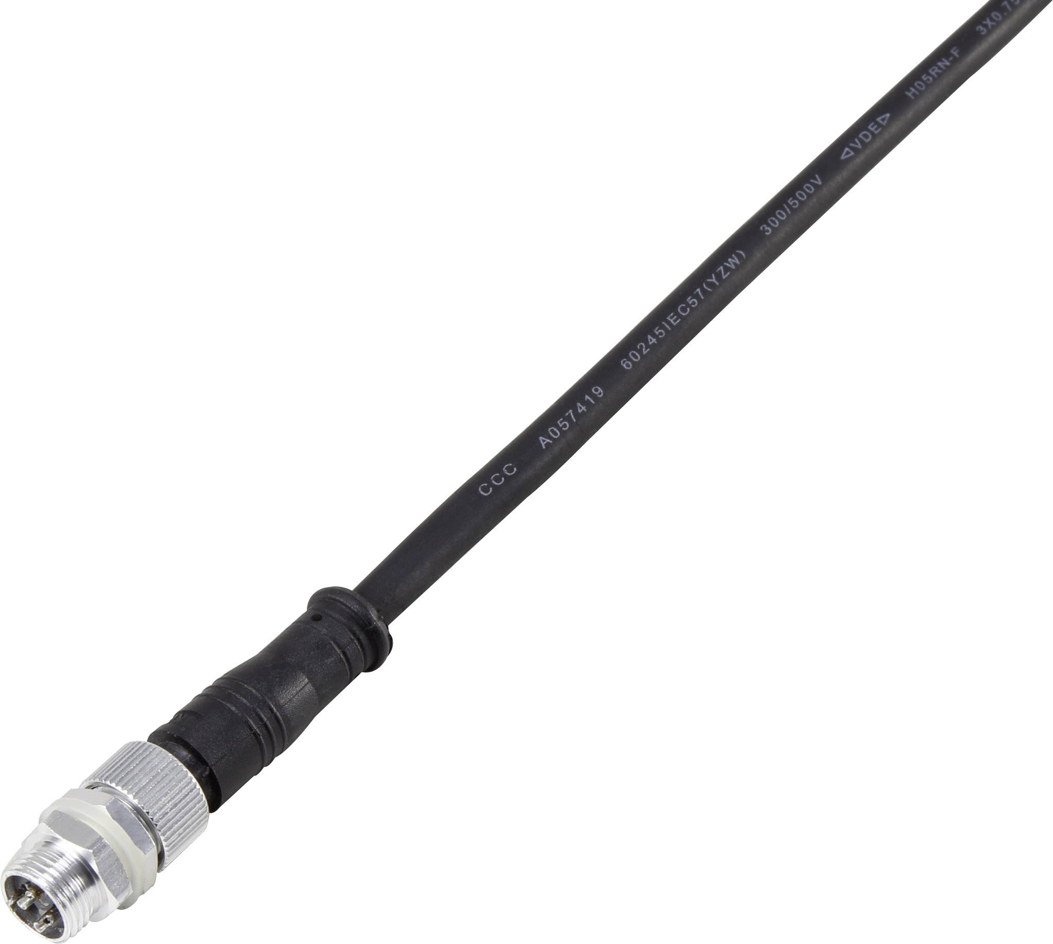 Un cavo elettrico nero con un connettore metallico su un'estremità. Adatto per applicazioni industriali o tecniche.