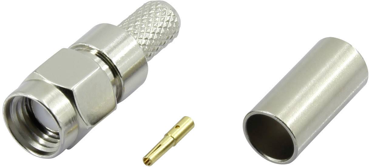 Componente connettore per cavo coassiale composta da tre parti: un involucro metallico del connettore, un contatto a pin dorato e un manicotto cilindrico.