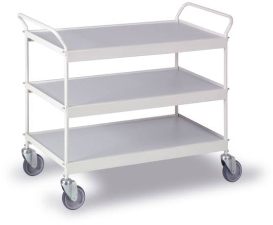 Un carrello servitore bianco a tre ripiani con quattro ruote. Ideale per il trasporto di oggetti.
