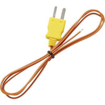 Un connettore termocoppia giallo con due pin metallici e un cavo arancione ad esso collegato.