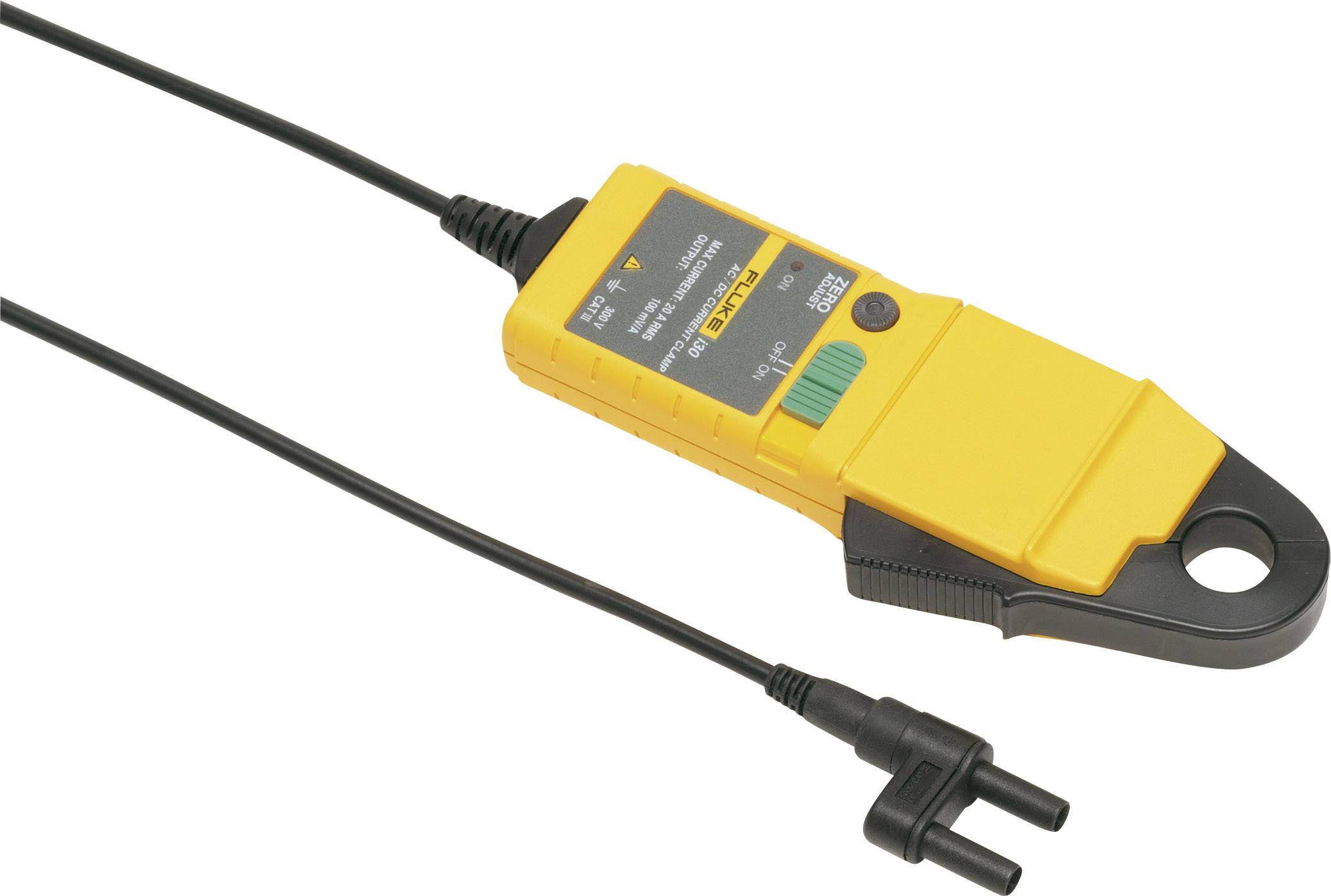 Pinza amperometrica con custodia gialla e cavo nero, utilizzata per misurare correnti elettriche.