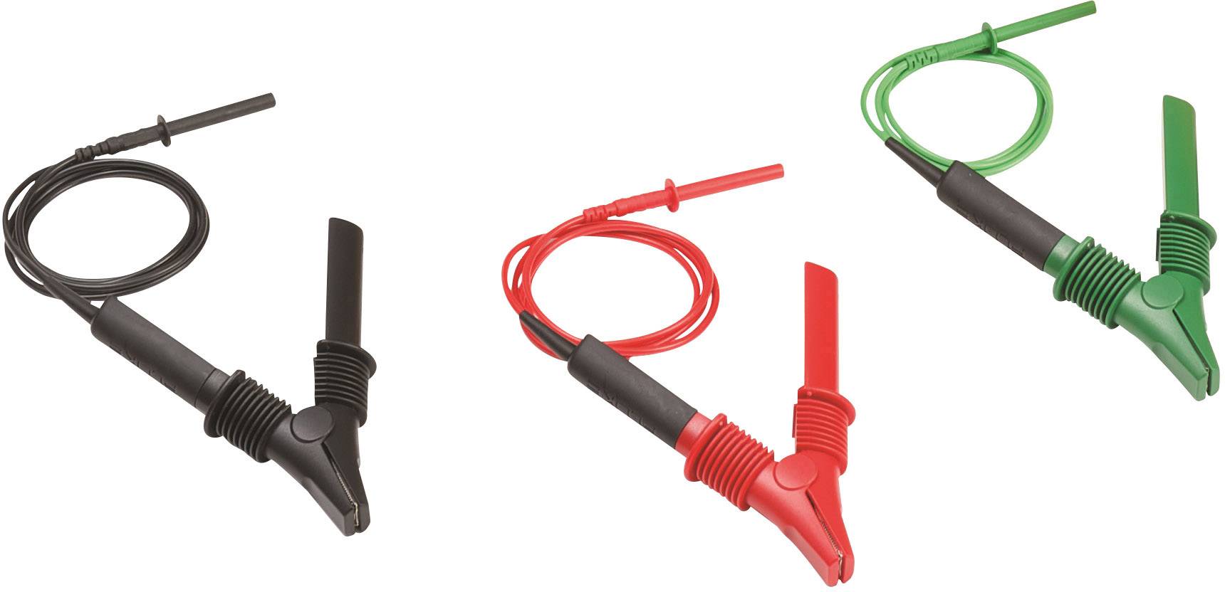 'Tre cavi di misurazione in nero, rosso e verde con un clip accessorio angolato.'