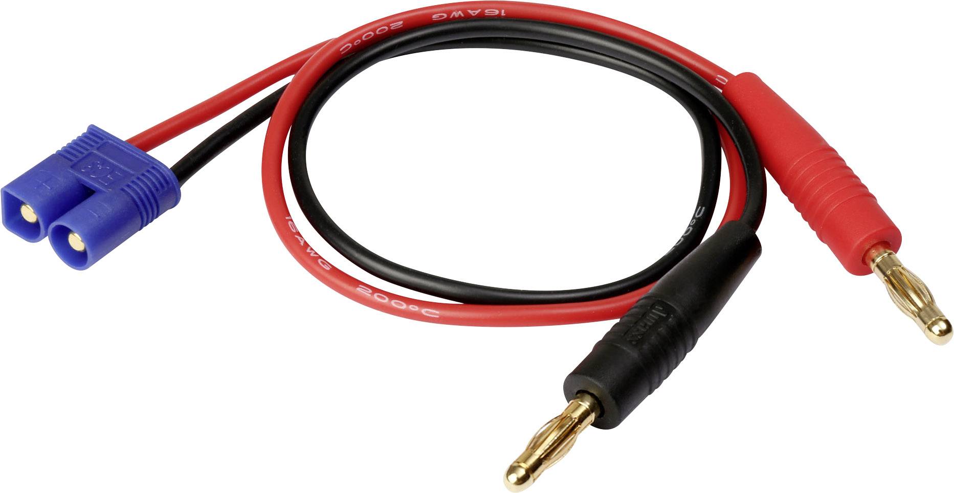 Un cavo con connettori blu e rossi, collegati da fili neri e rossi, per il collegamento di dispositivi elettronici.