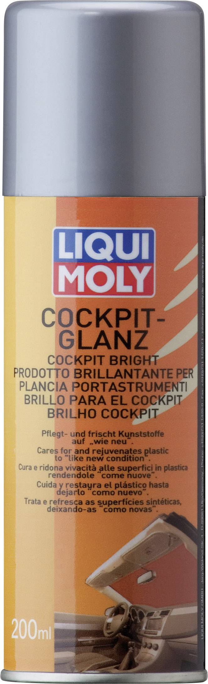 Bomboletta spray con la scritta 'LIQUI MOLY Cockpit Glanz'. Utilizzata per la cura e il rinnovo delle superfici in plastica all'interno dell'auto.