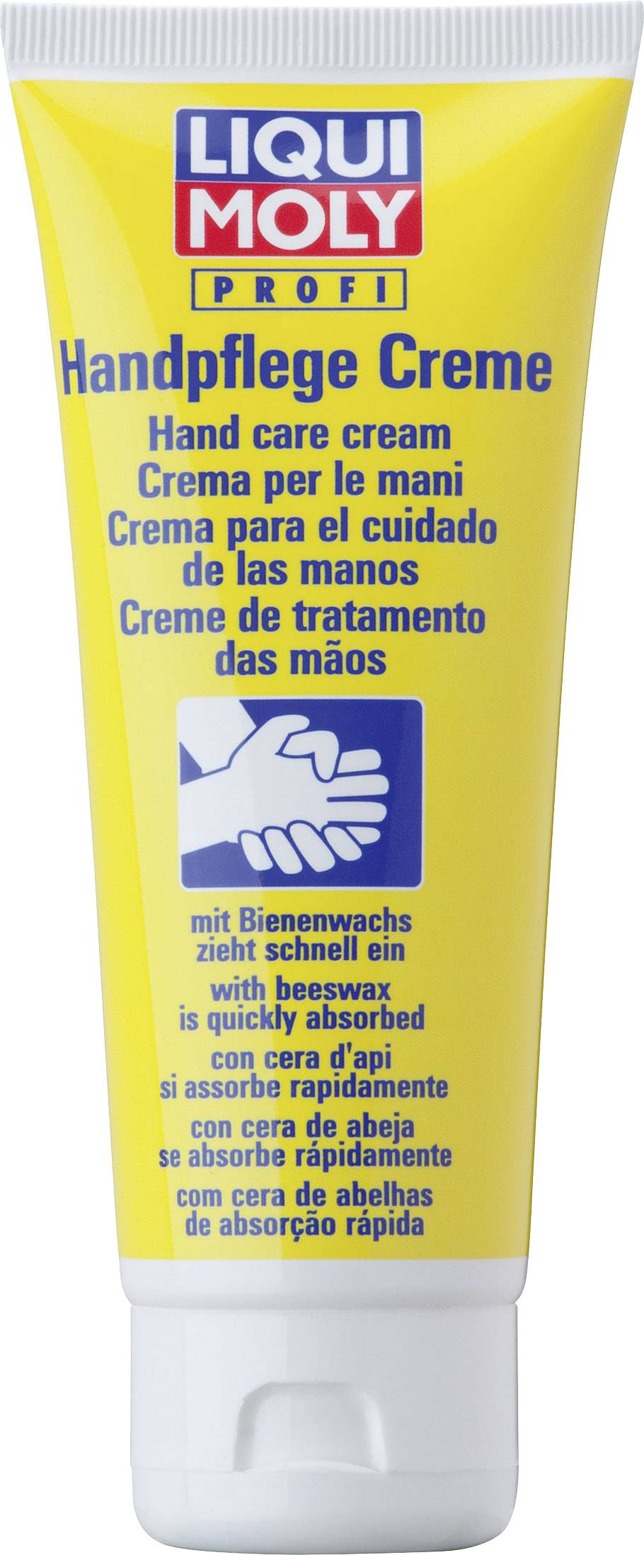 Crema per la cura delle mani Liqui Moly in tubo giallo. Contiene cera d'api. Testo in più lingue per la cura delle mani.