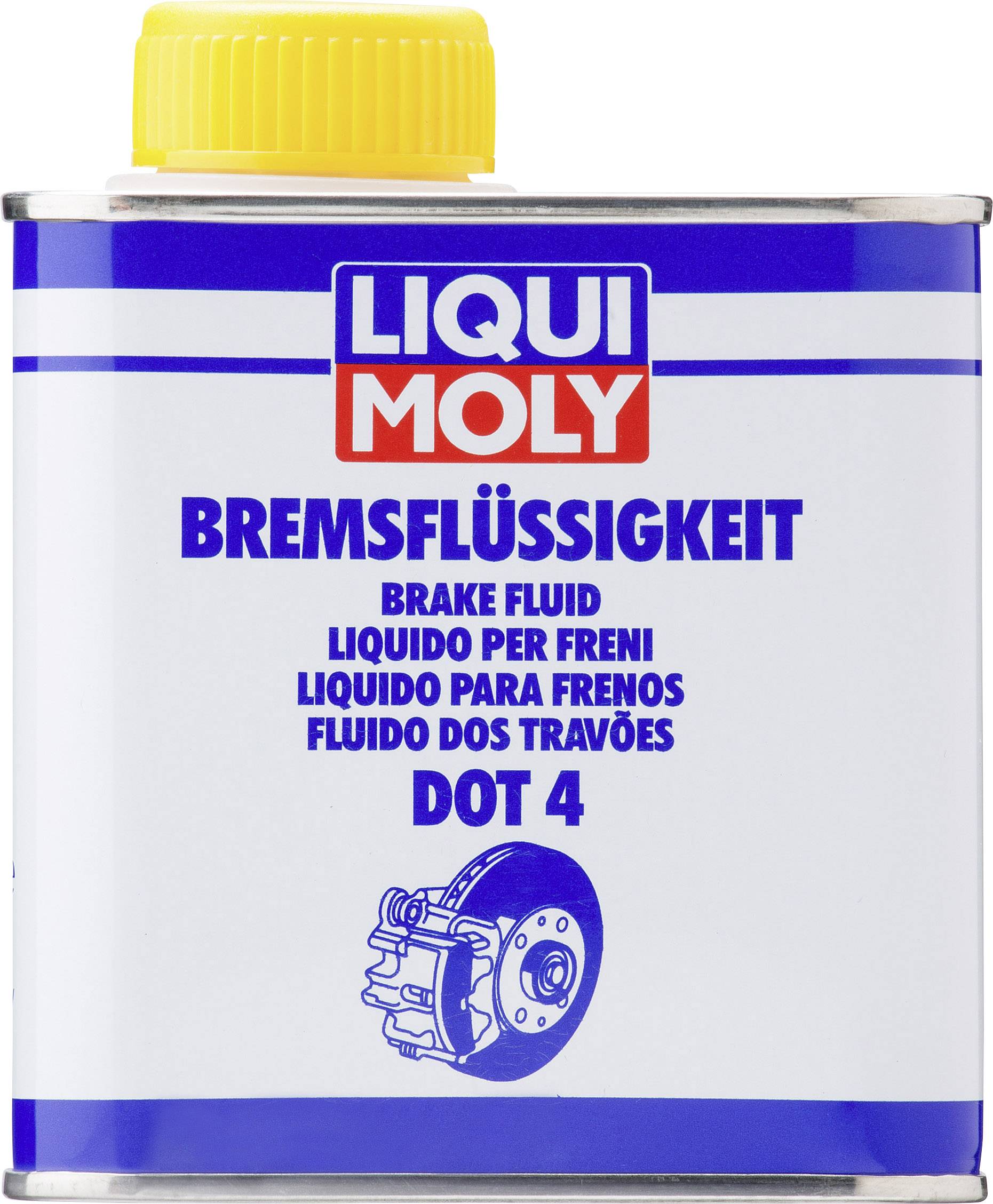 Contenitore di liquido freni Liqui Moly bianco-blu con tappo giallo. Contiene liquido freni DOT 4.