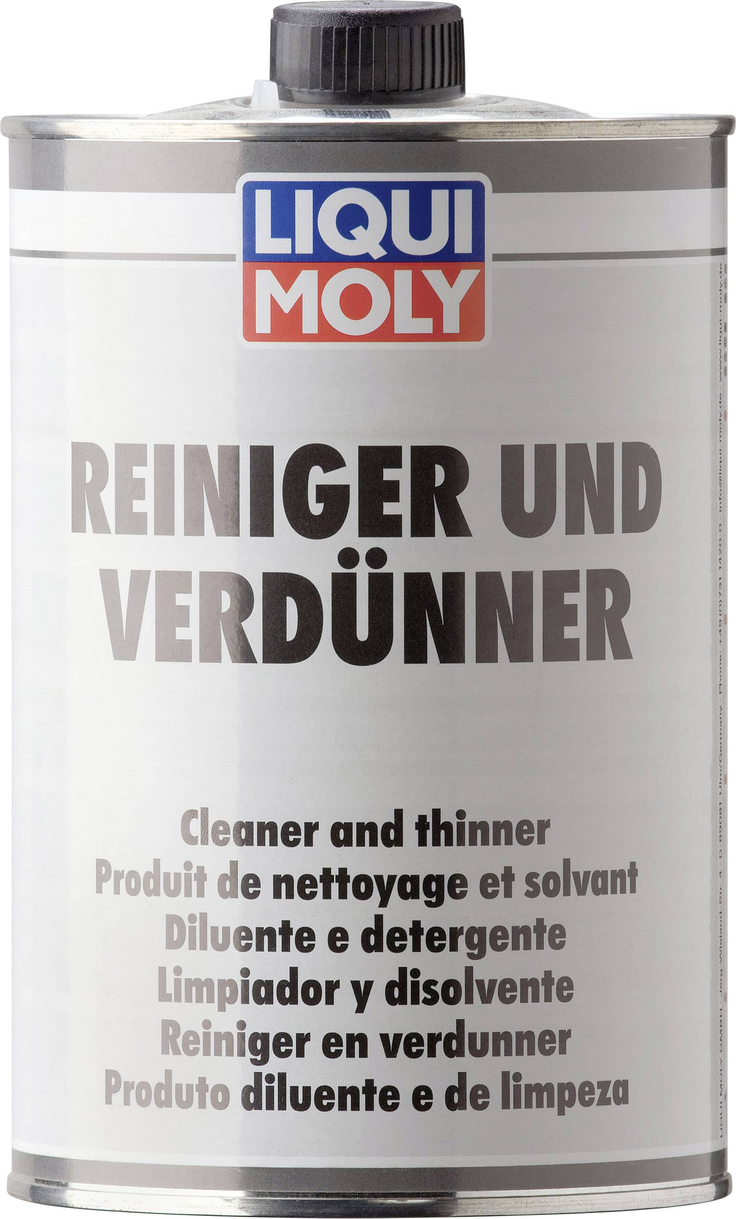 Lattina metallica con la scritta 'Detergente e Diluente' di Liqui Moly. Contiene soluzione detergente, etichettatura multilingue.