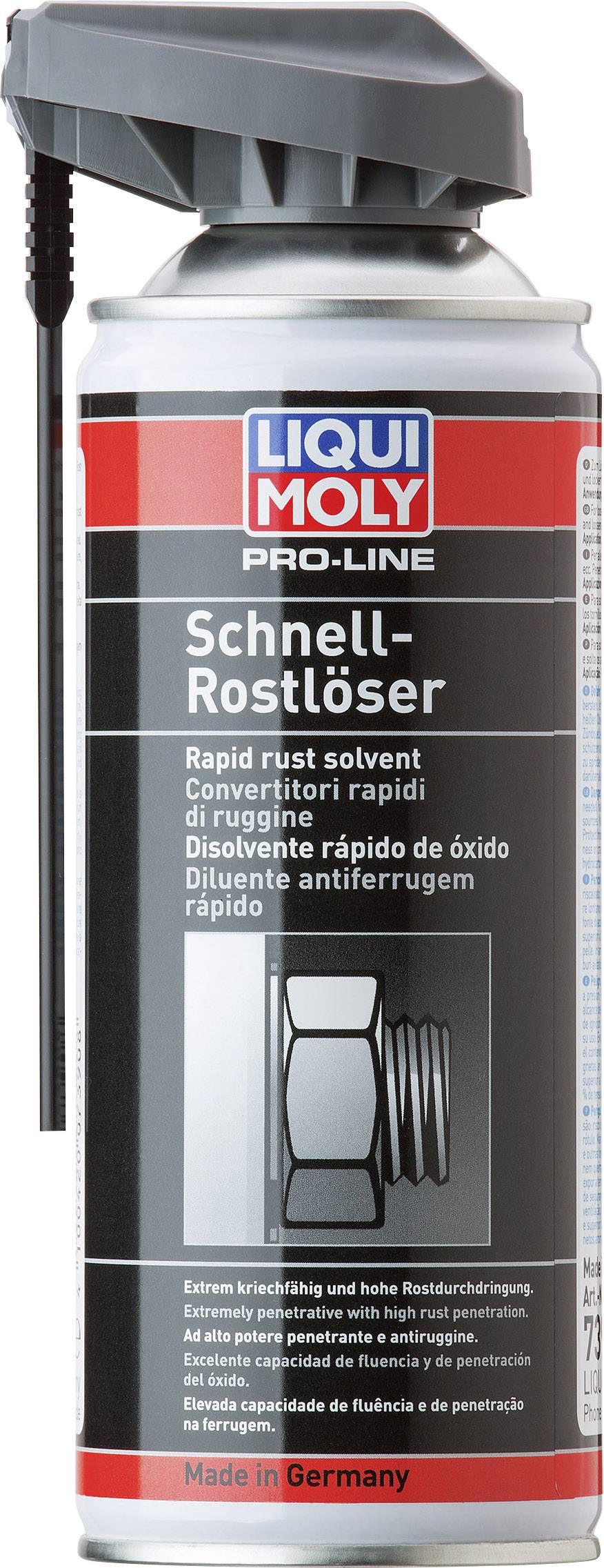 Bomboletta spray 'Liqui Moly Pro-Line Sbloccante Rapido Antiruggine', 400 ml. Rimuove rapidamente la ruggine, adatto per l'uso in officina. Sfondo rosso.