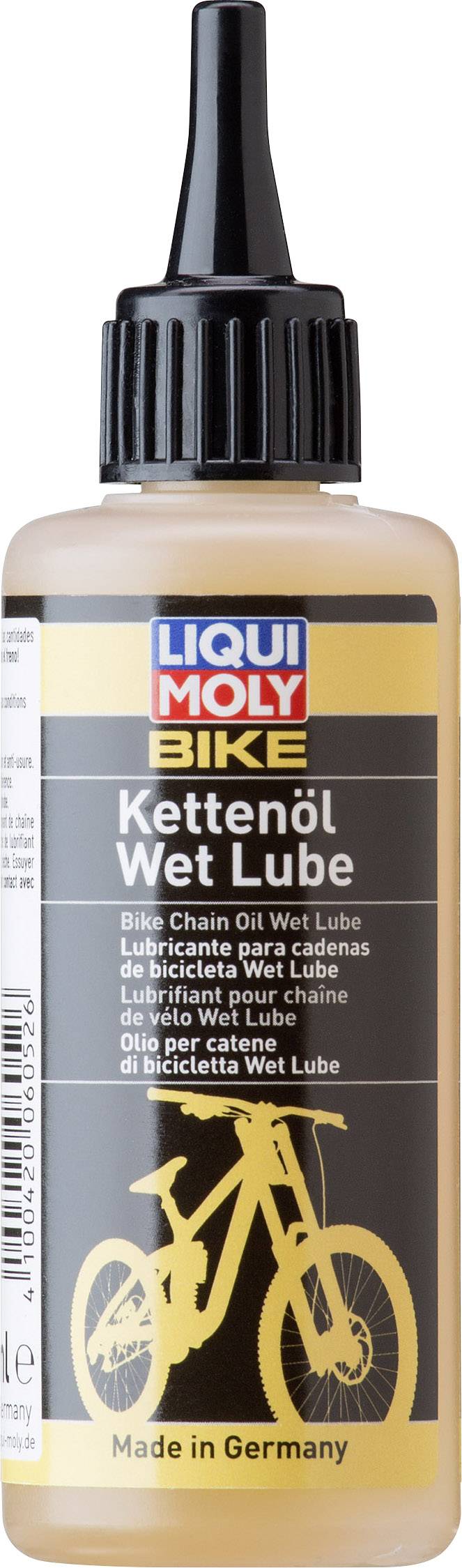 Bottiglia di 'Liqui Moly Bike Kettenöl Wet Lube', adatta per catene di biciclette, con immagine grafica di una bicicletta. 'Made in Germany'.