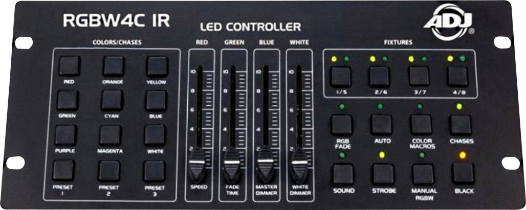 Controller IR RGBW4C con tasti colore, cursori per Rosso, Verde, Blu, Bianco e diversi pulsanti di controllo per effetti luminosi.