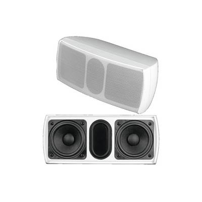 Altoparlante bianco con due membrane rotonde e una fessura di ventilazione ovale al centro, raffigurato frontalmente e dall'alto.