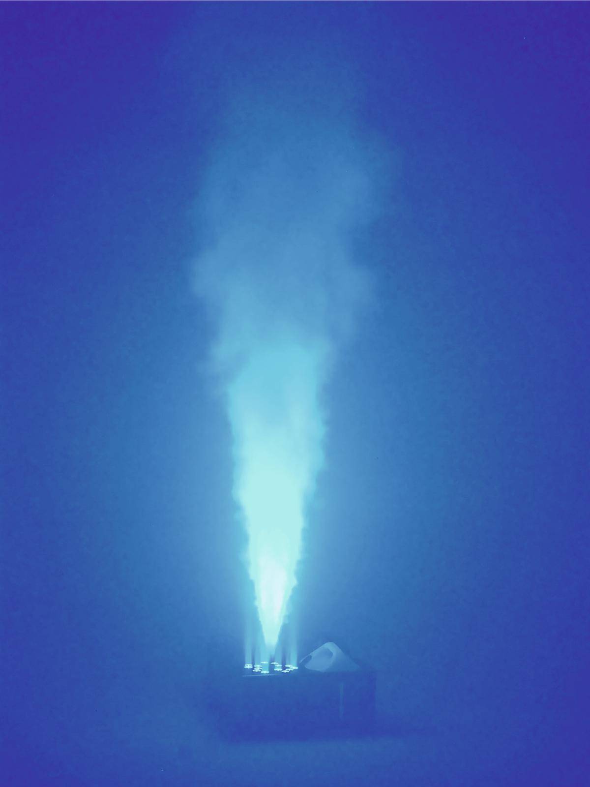 Un intenso bagliore blu fiammeggiante si innalza verticalmente da un piccolo oggetto scuro, circondato da uno sfondo altrettanto scuro.