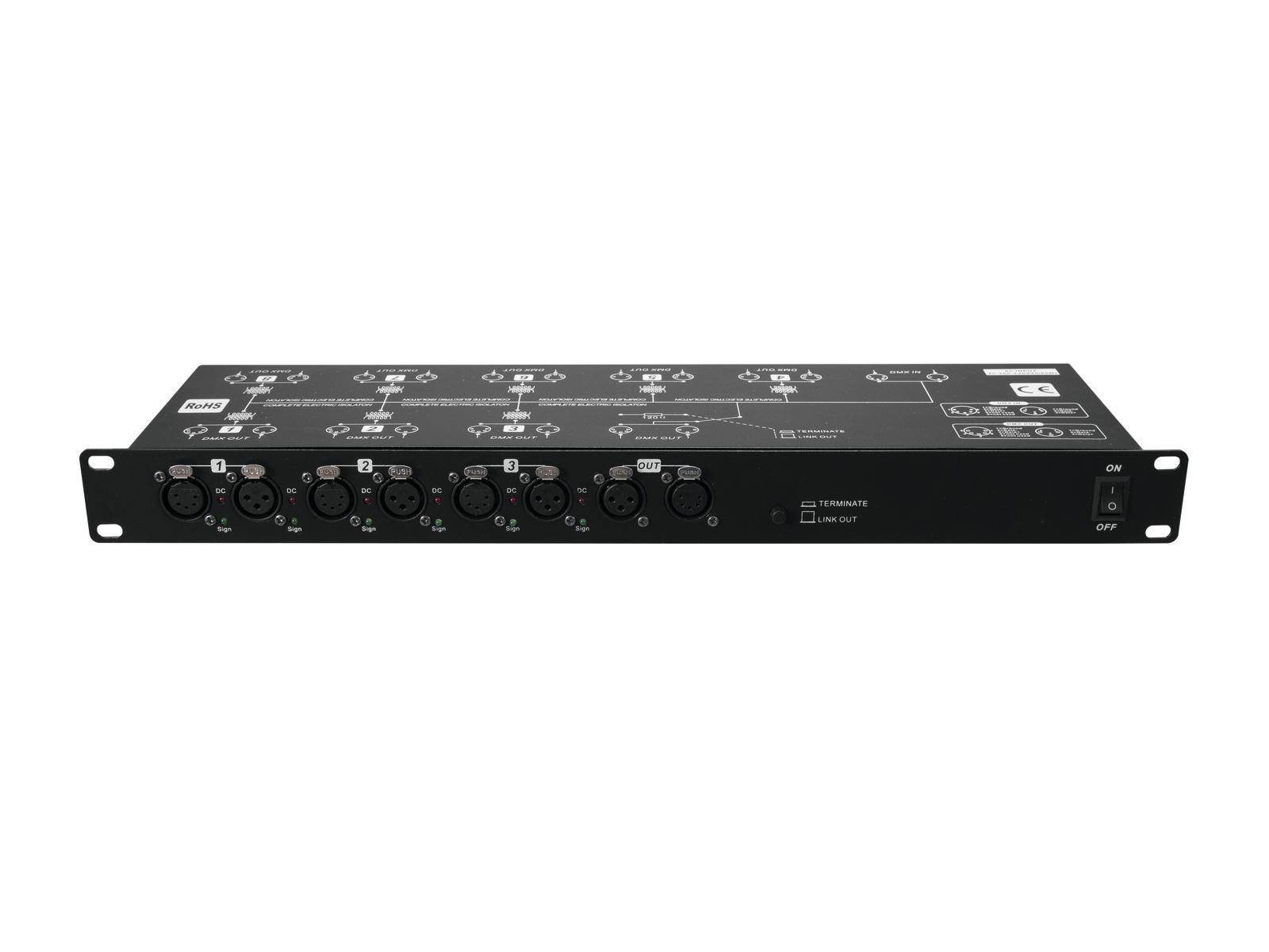 Un dispositivo audio nero con molteplici ingressi e uscite e relative etichette, idoneo per l'installazione in rack in un contesto di studio.