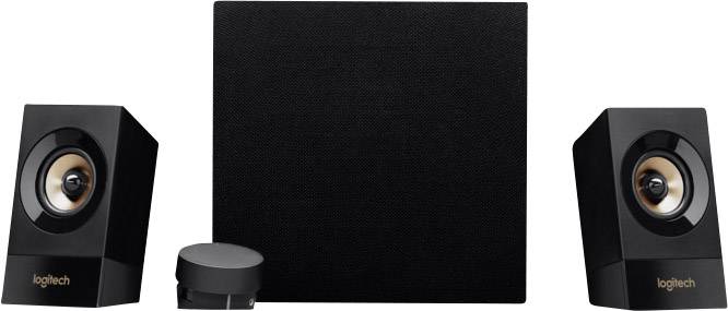 Due altoparlanti neri e un subwoofer di Logitech, con un controllo del volume frontale.