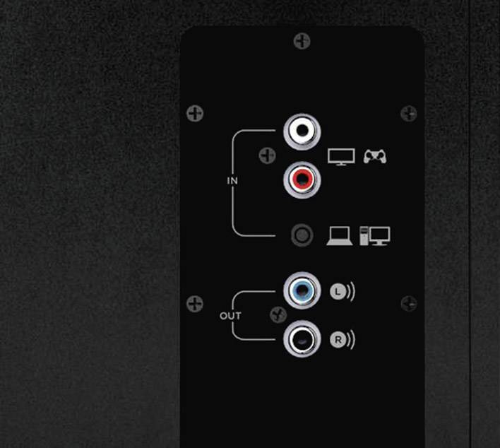 Campo di connessione nero mostra gli ingressi e le uscite audio e video. Simboli per TV, console di gioco e computer accanto.