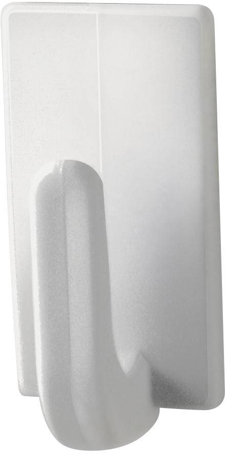 Un singolo gancio da parete bianco in plastica, fissato a una superficie verticale.
