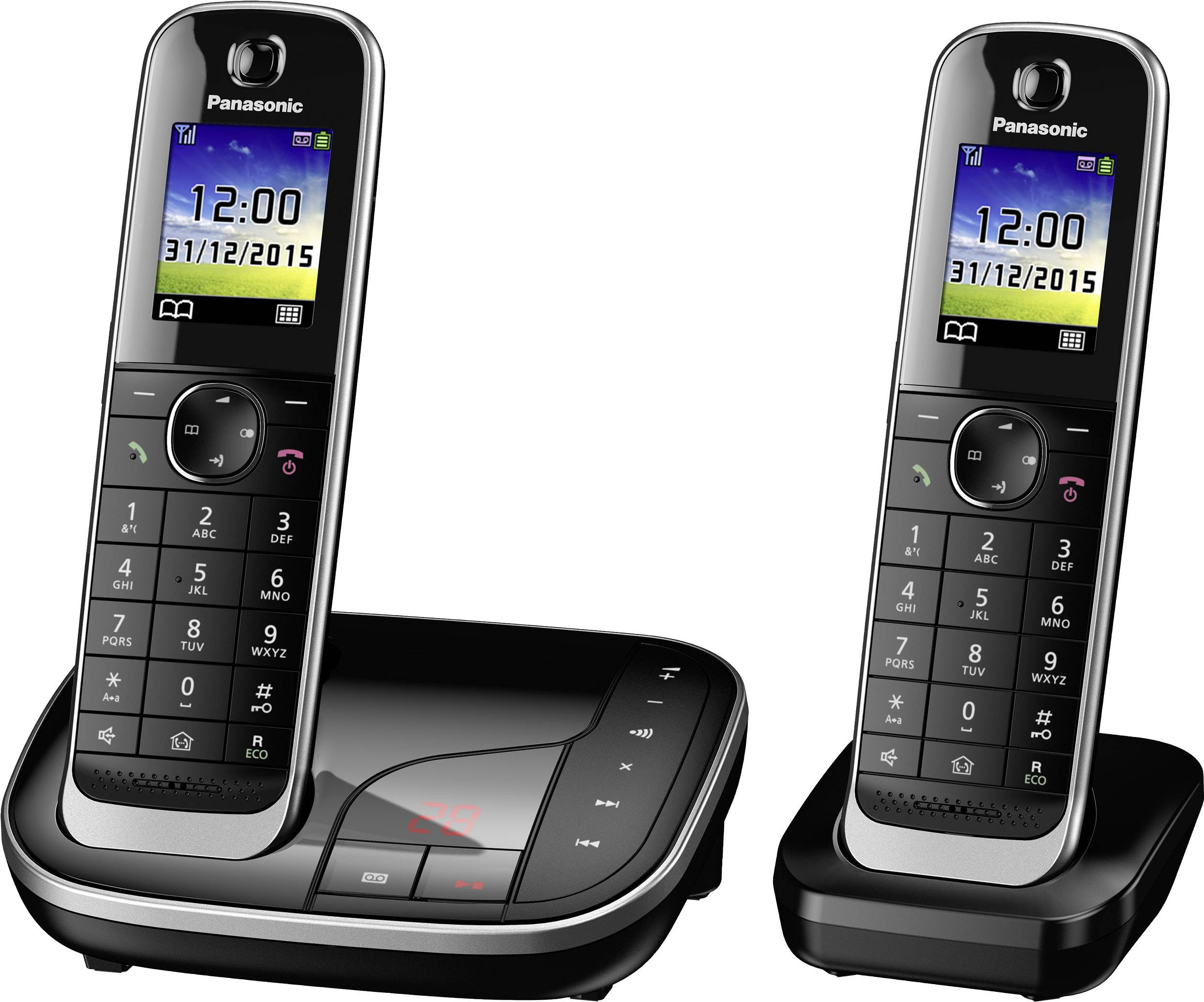 Due telefoni cordless con involucri neri, display a colori, tastiera numerica e stazioni di ricarica che mostrano l'ora.