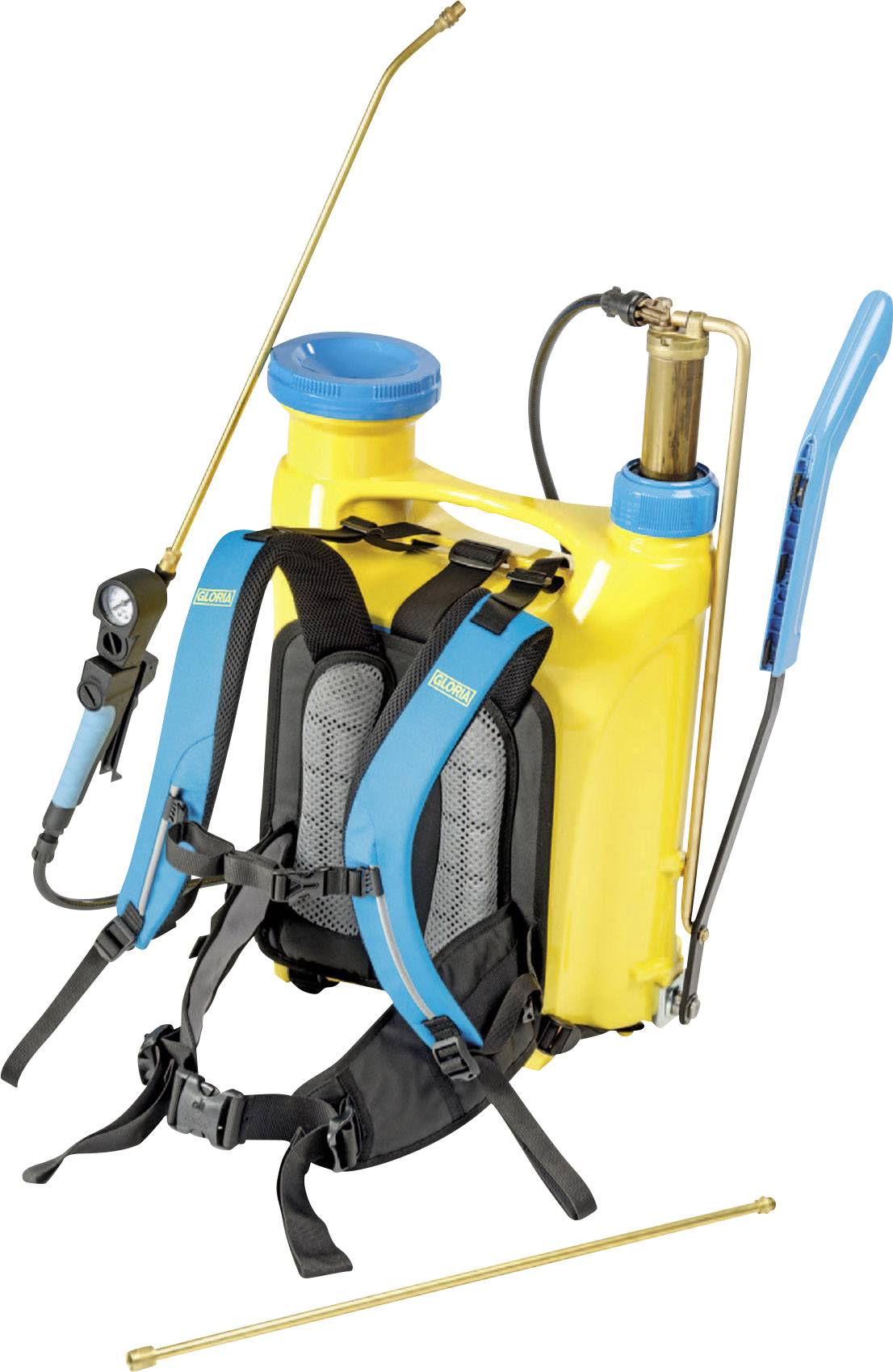 Dispositivo di spruzzatura a spalla giallo con cinghie blu e comandi, tubo metallico e ugello a spruzzo. Utilizzato per la distribuzione di liquidi.