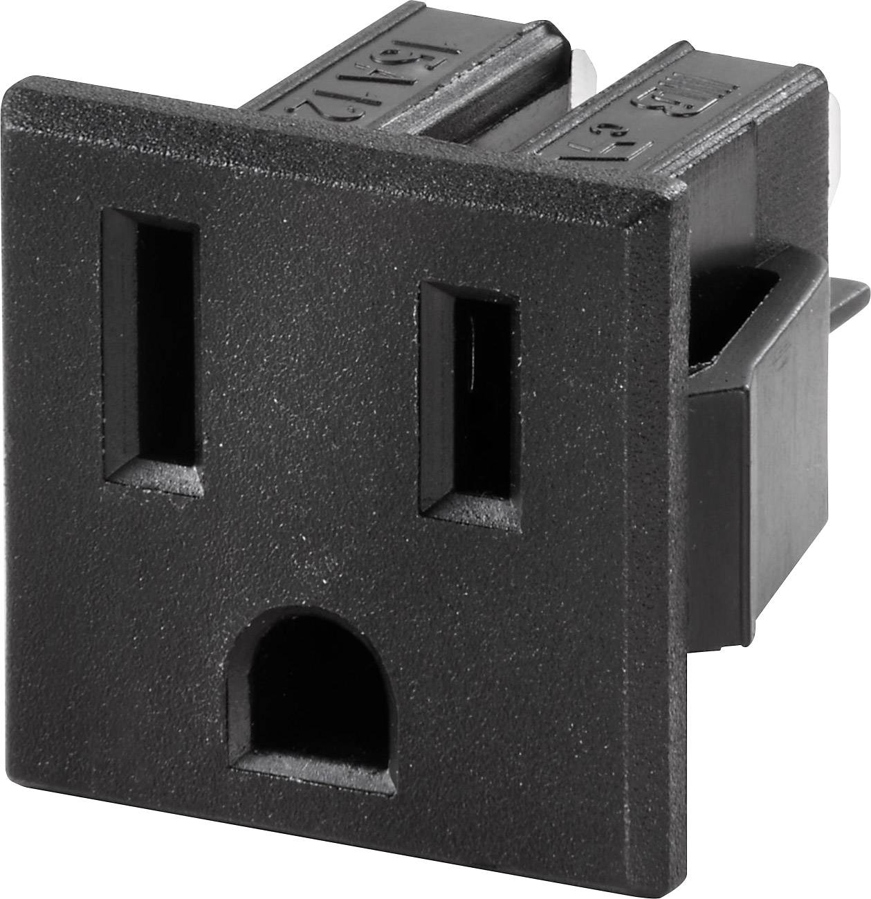 Presa elettrica nera in stile americano con due fessure parallele in alto e un foro rotondo in basso.