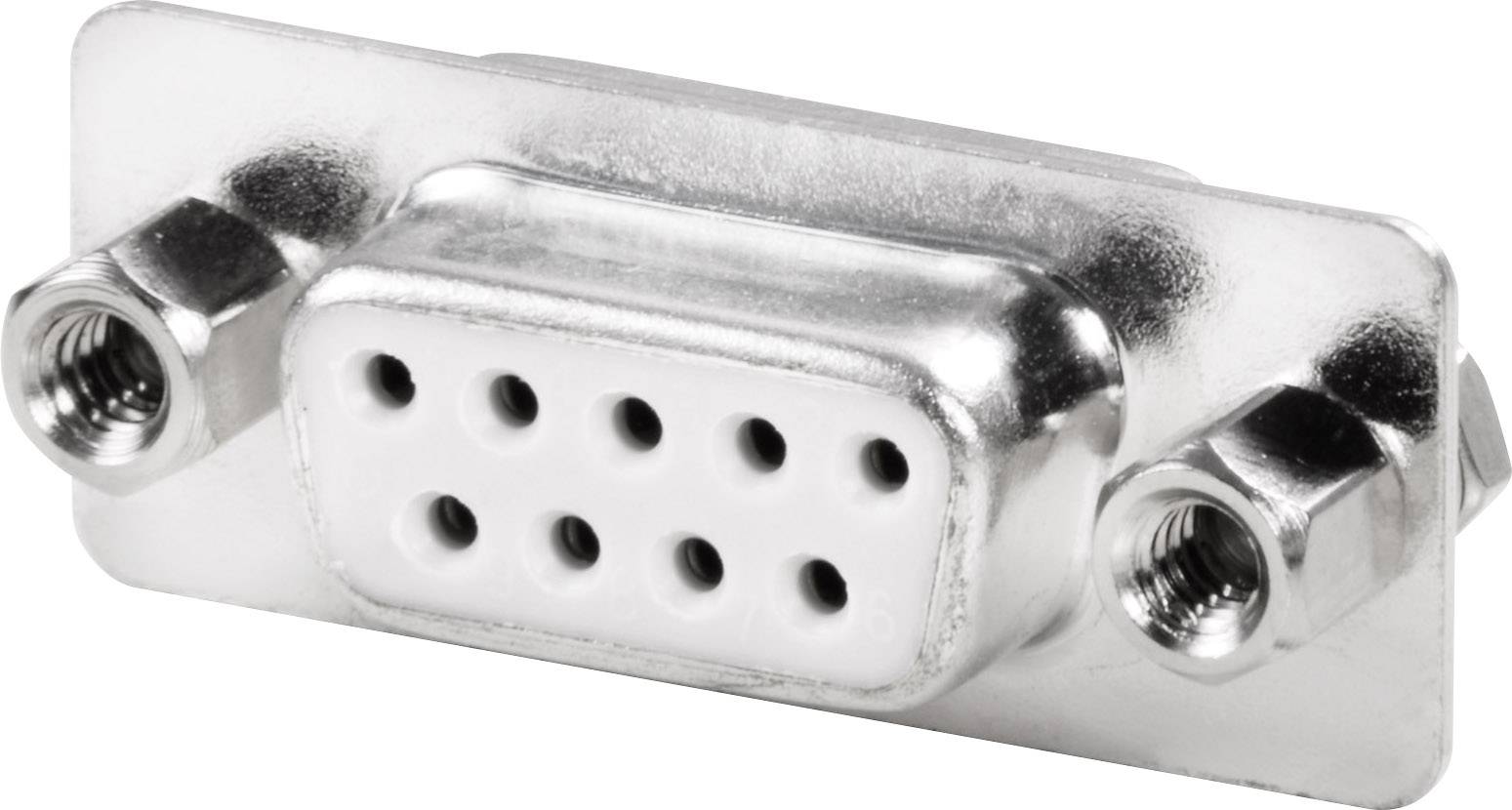 Un connettore D-Sub argentato con nove pin, tipico delle interfacce seriali nei computer e dispositivi più datati.