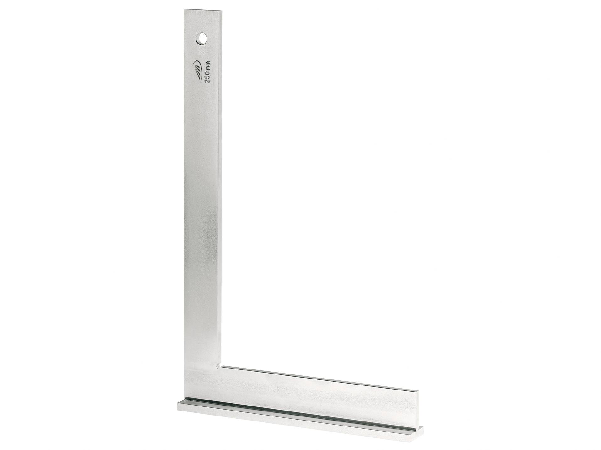 Un goniometro metallico argentato a forma di L su sfondo bianco. Ideale per misurare angoli retti nella lavorazione del legno.