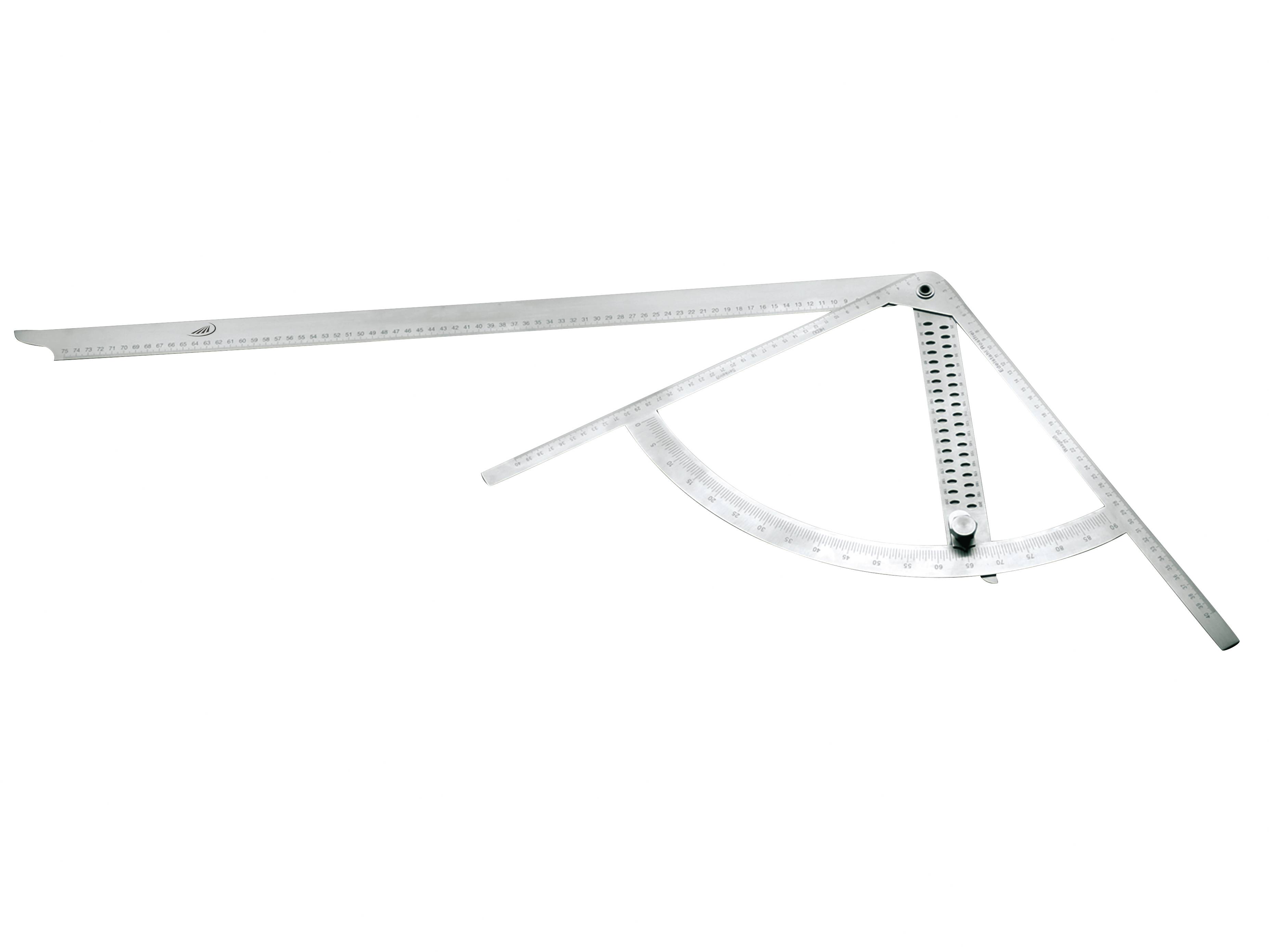 Un goniometro d'argento con bracci mobili e marcature per misurare e allineare angoli con precisione.