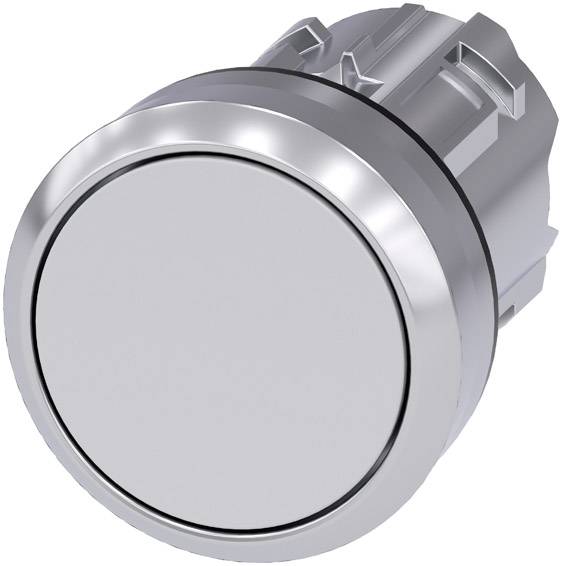 Un bottone metallico rotondo in argento, probabilmente un interruttore o un pulsante, su uno sfondo bianco.