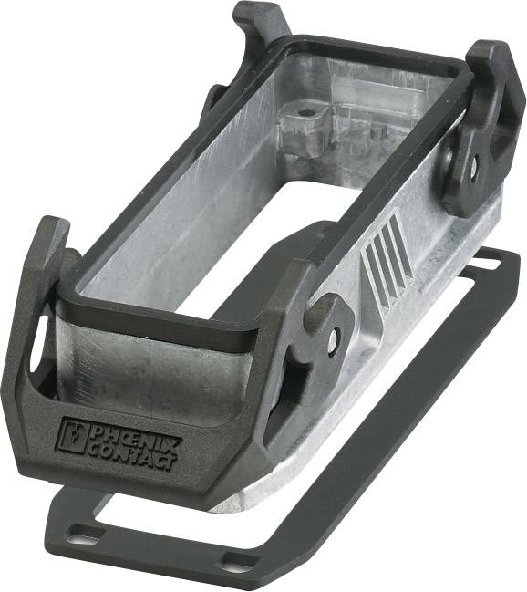Contenitore metallico rettangolare con componenti in plastica nera e logo 'Phoenix Contact'. Utilizzato per ospitare connessioni elettriche a innesto.
