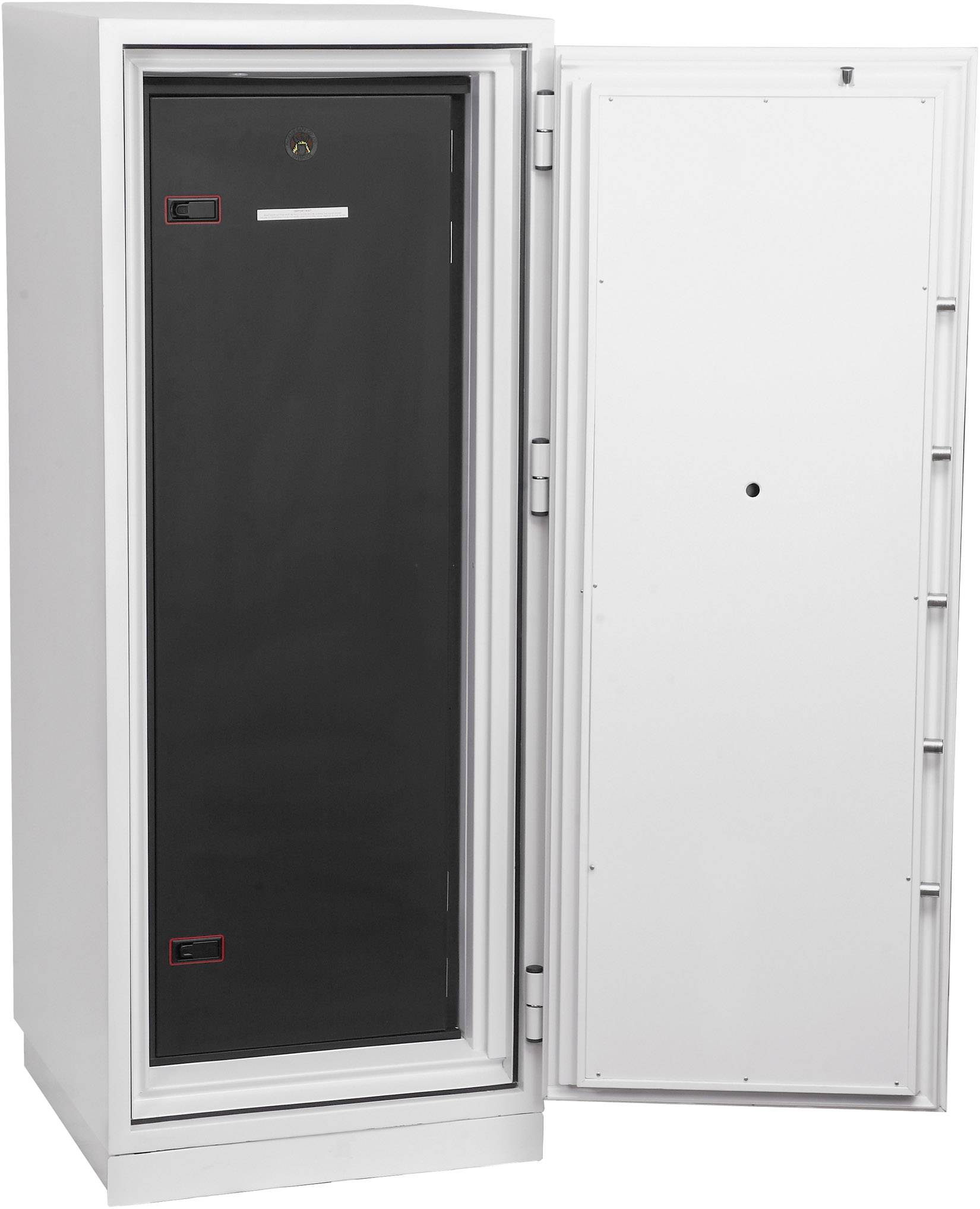 Un caveau aperto con un interno nero e una porta bianca è spalancato. L'attenzione è concentrata sulla sicurezza e la conservazione.