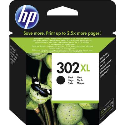 Confezione di cartucce per stampante HP, con testo: 'Risparmia di più. Stampa fino a 2,5 volte più pagine!', '302 XL', 'Nero', con immagine di farfalla su sfondo verde.