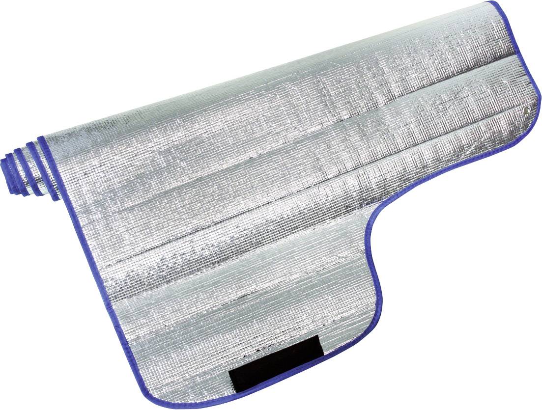 Coperta isolante argento con bordi blu, arrotolata a un'estremità. Adatta per attività all'aperto o situazioni di emergenza.