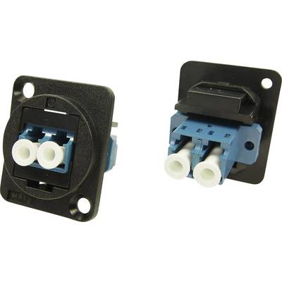 Due adattatori in fibra ottica LC Duplex blu, uno con copertura quadrata nera, consentono il collegamento di cavi in fibra ottica.