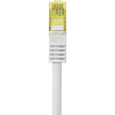 Un connettore di rete RJ45 giallo su un cavo bianco su cui è scritto '1M'.