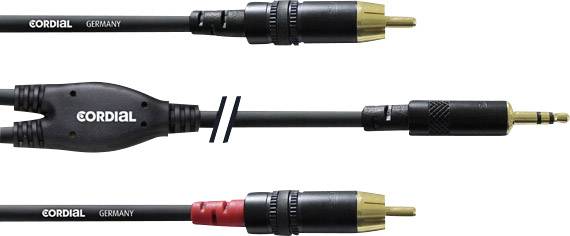 Tre diversi cavi audio: in alto RCA a RCA (nero), in basso RCA su jack da 3,5 mm (nero) e un cavo coassiale V, tutti del marchio 'CORDIAL'.