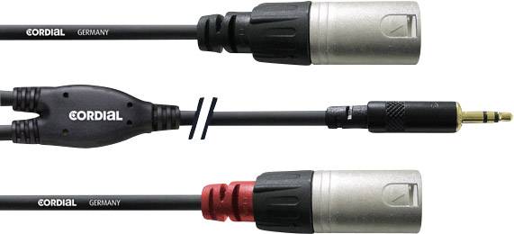 'Cavo audio Cordial, spina XLR a mini-jack. Nero con connettori argentati e rossi, ideale per attrezzature musicali.'