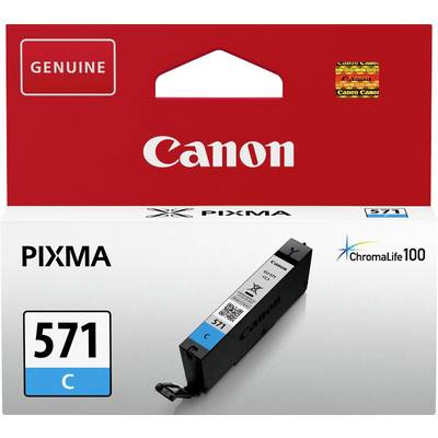 Cartuccia di inchiostro Canon 571 C in confezione originale. Contiene inchiostro per stampanti PIXMA, contrassegnata in blu. Parte superiore: 'Genuine', logo.