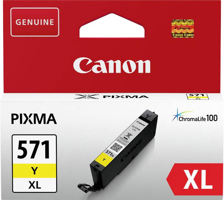 Confezione di una cartuccia d'inchiostro Canon PIXMA 571 Y XL in giallo, adatta per la stampa ChromaLife100, con scritta 'Genuine' e 'XL'.