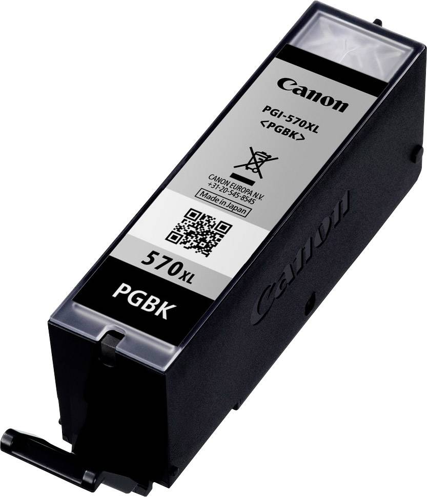 Cartuccia d'inchiostro Canon PGI-570XL in nero, di grandi dimensioni, con codice QR e testo 'PGI-570XL PGBK', adatta a diversi modelli di stampanti Canon.