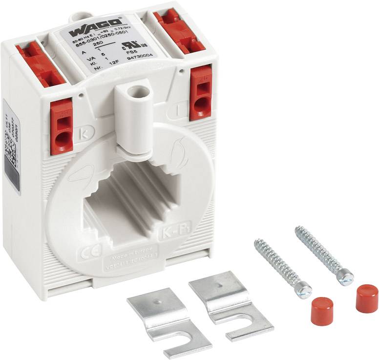 Trasformatore di corrente WAGO con morsetti di connessione, viti e accessori di montaggio.