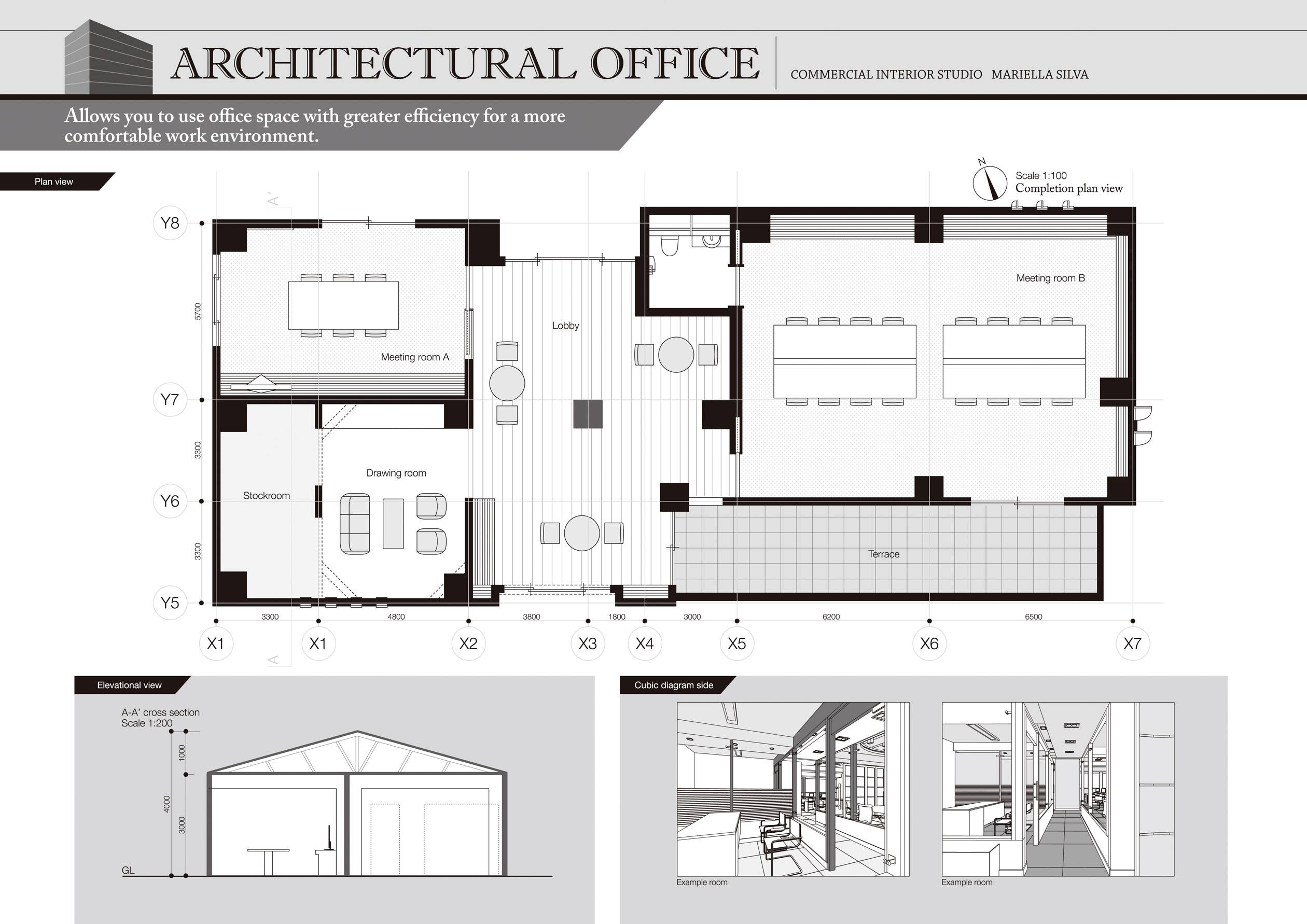 'Pianta di uno studio di architettura con sala riunioni, postazioni di lavoro e area reception. Contiene schizzi in diverse prospettive.'
