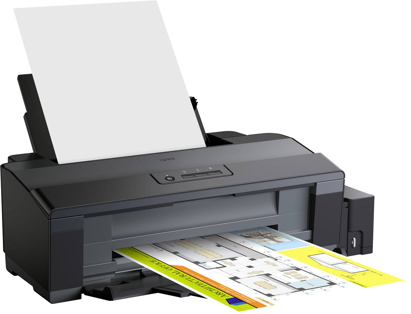 Una stampante che stampa piante architettoniche su carta colorata.