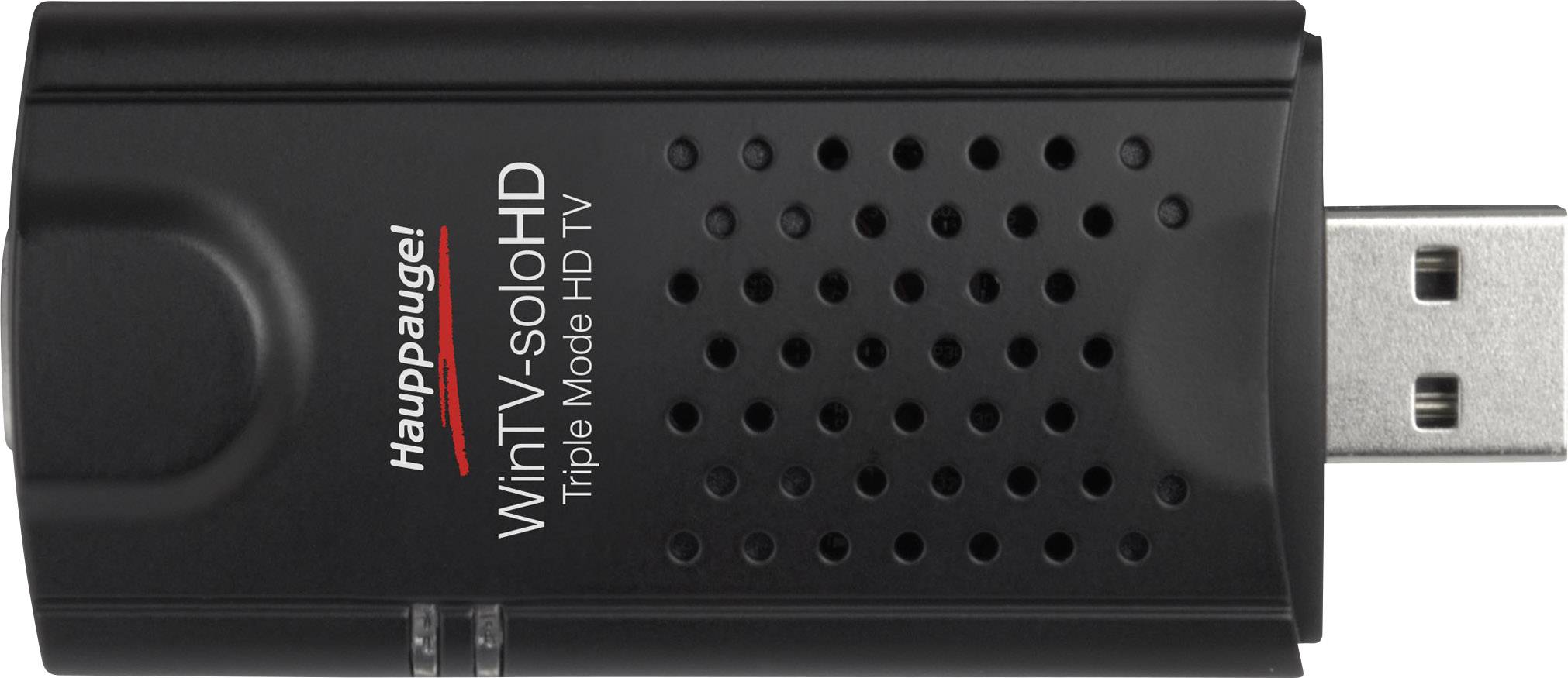 Sintonizzatore TV USB con involucro nero e scritta 'WinTV-soloHD Triple Mode HD TV'. Collega la ricezione televisiva ai computer.