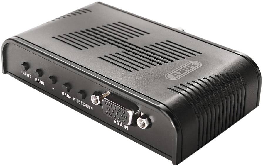 Convertitore di segnale nero con connettore VGA sul lato frontale, diversi tasti funzione e griglie di ventilazione sulla parte superiore.