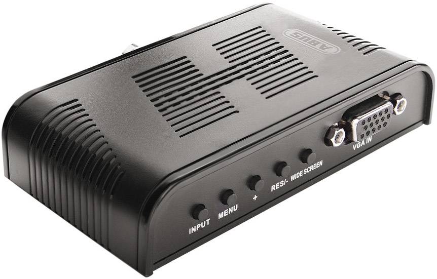 Un convertitore video nero con porta VGA, diversi tasti e fessure di ventilazione sulla parte superiore.