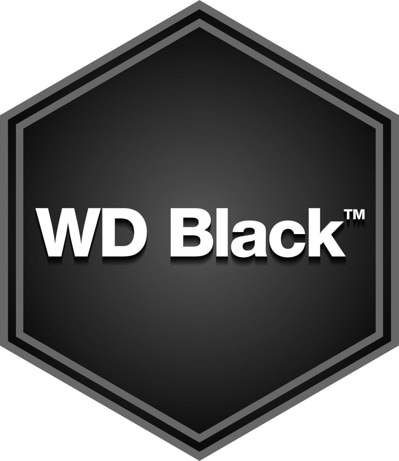 Logo esagonale con la scritta 'WD Black' in carattere bianco su sfondo nero.
