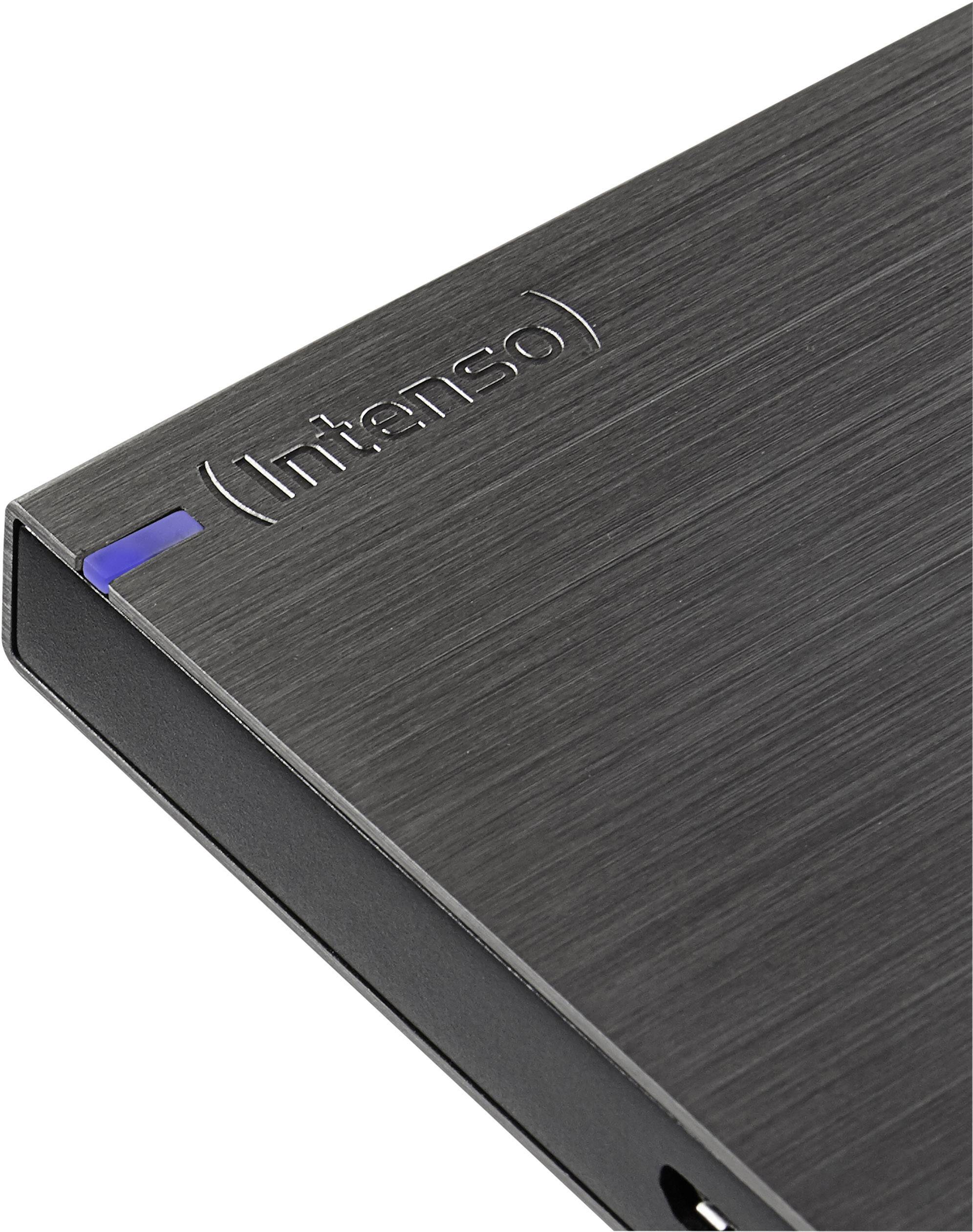 Hard disk esterno Intenso, involucro nero con superficie metallica, indicatore LED blu.
