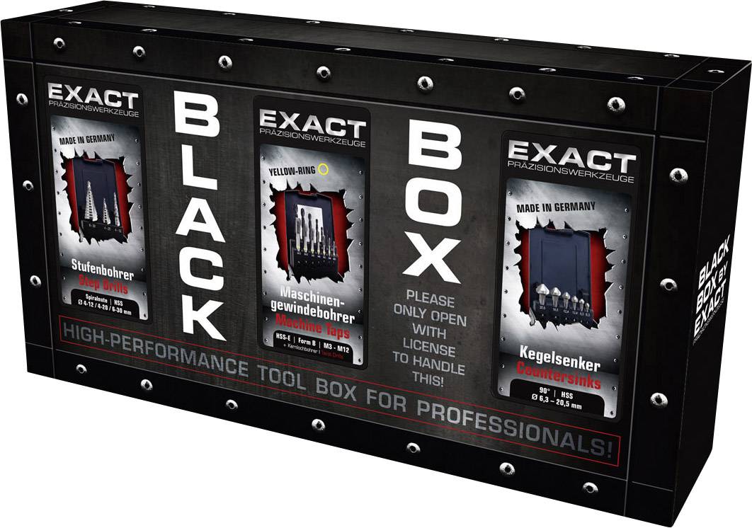 'EXACT Black Box' set di utensili in confezione con punte, disponibile con licenza. Contiene punte a gradini, maschi per filettatura meccanica e svasatori conici.