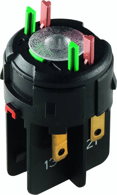 Un interruttore elettrico nero, rotondo, con quattro contatti a innesto, due contrassegnati in verde e due in rosso, per l'installazione in un dispositivo.