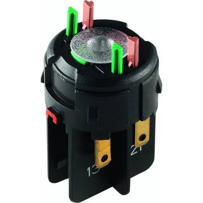 Un interruttore elettrico nero, rotondo, con quattro contatti a innesto, due contrassegnati in verde e due in rosso, per l'installazione in un dispositivo.