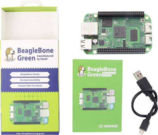 Kit BeagleBone Green con scheda principale, cavo USB e confezione. Sviluppato da Seeed per progetti elettronici espandibili.